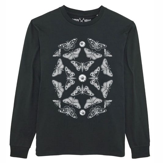 Black organic cotton alternative long sleeve unisex t-shirt, with a white print of moths, beetles and eyeballs on the front