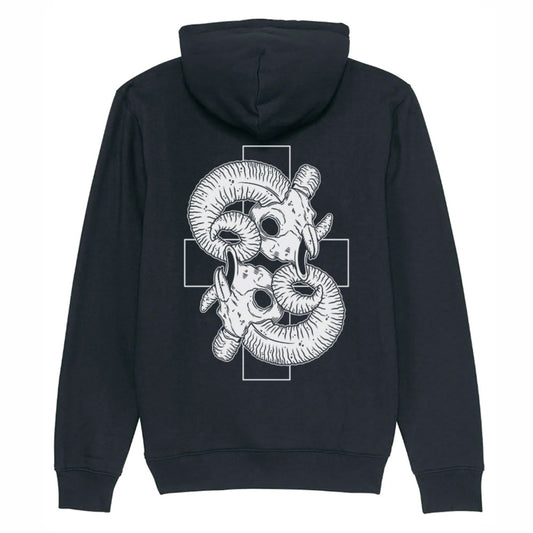 Black organic cotton alternative long sleeve unisex hoodie with a hood and a kangaroo pocket, with a white print of two ram skulls on a background of a cross on the back