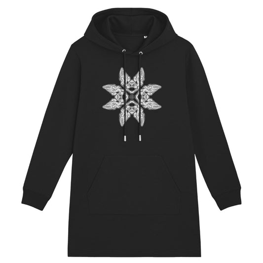 Black organic cotton alternative long sleeve unisex longline hoodie (hoodie dress), with a kangaroo pocket and a hood, with a white print of four bat heads on front