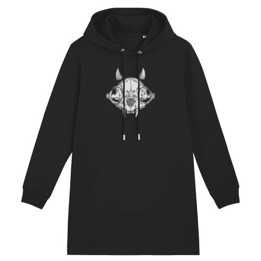 Black organic cotton alternative long sleeve unisex longline hoodie (hoodie dress), with a kangaroo pocket and a hood, with a white print of a cat skull with little horns on the front