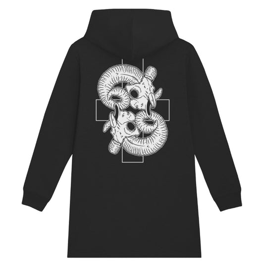 Black organic cotton alternative long sleeve unisex longline hoodie (hoodie dress), with a kangaroo pocket and a hood, with a white print of a two ram skulls on a background of a cross on the back