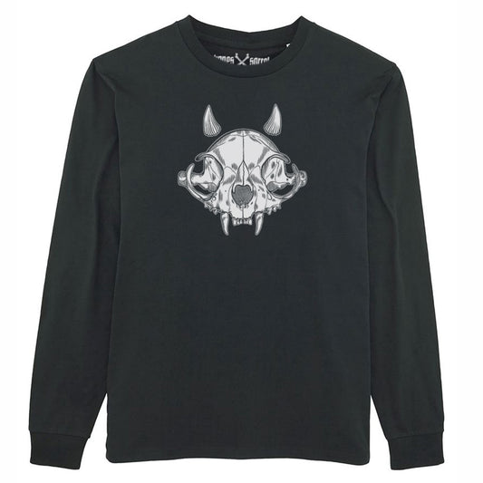 Black organic cotton alternative long sleeve unisex t-shirt, with a white print of a cat skull with little horns on the front