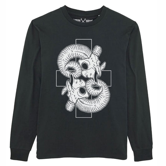 Black organic cotton alternative long sleeve unisex T-shirt, with a white print of two ram skull on the background of a cross on the front