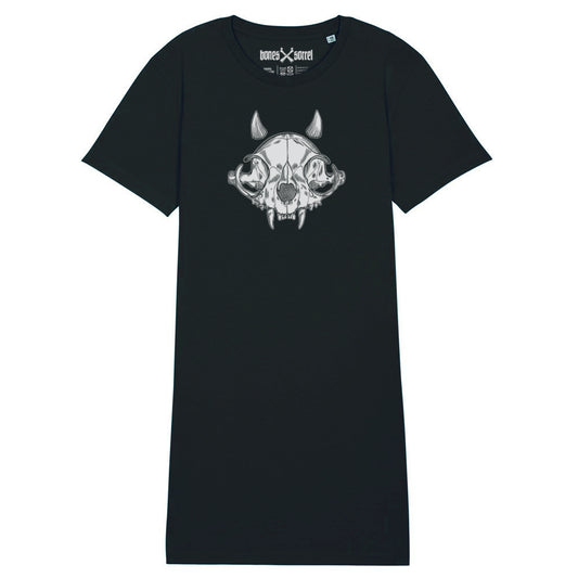 Black organic cotton alternative short sleeve unisex longline t-shirt (t-shirt dress), with a white print of a cat skull with little horns on the front