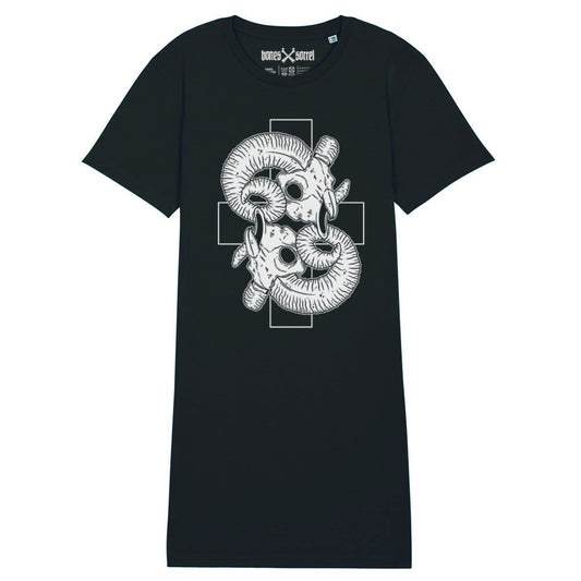 Black organic cotton alternative short sleeve unisex longline t-shirt (t-shirt dress), with a white print of two ram skulls on a background of a cross on the front