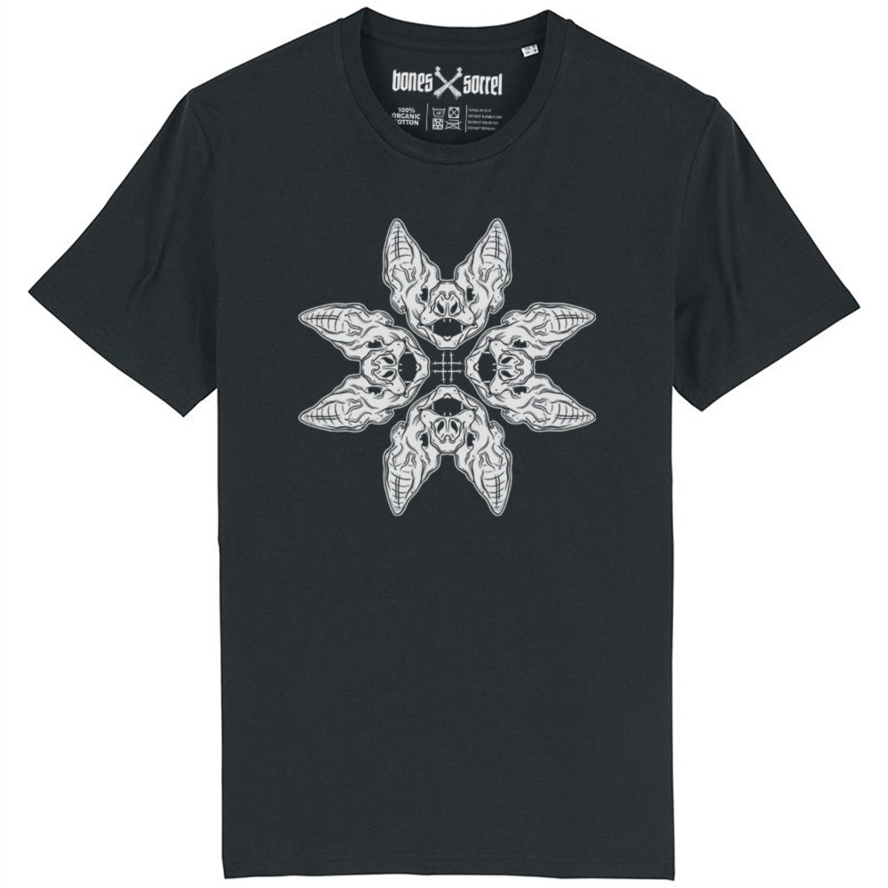 Black organic cotton alternative short sleeve unisex t-shirt, with a white print of four bat heads on the front