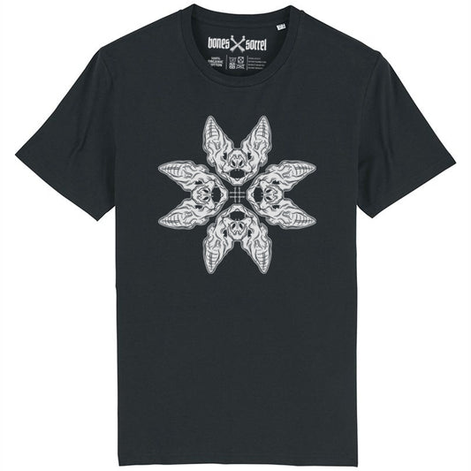 Black organic cotton alternative short sleeve unisex t-shirt, with a white print of four bat heads on the front