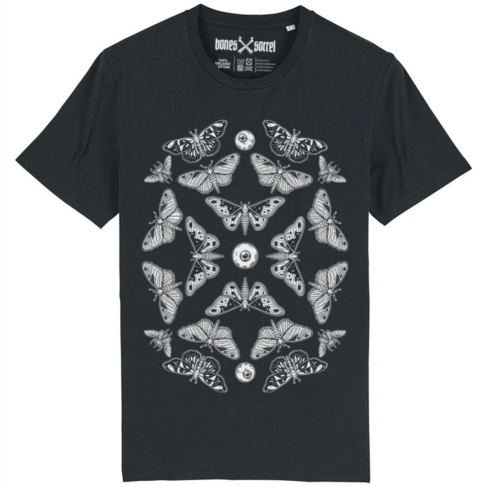 Black organic cotton alternative short sleeve unisex t-shirt, with a white print of moths, beetles and eyeballs on the front