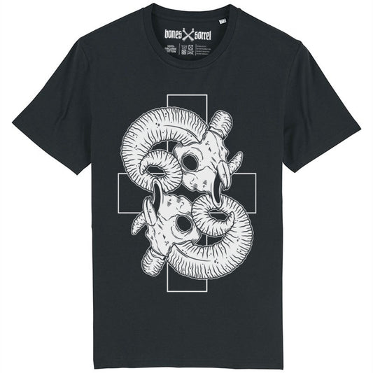 Black organic cotton alternative short sleeve unisex t-shirt, with a white print of two ram skulls on a background of a cross on the front