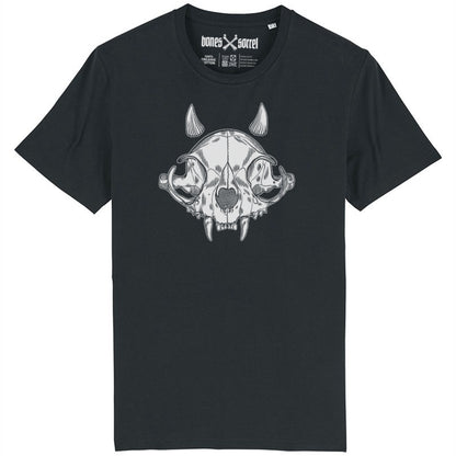 Black organic cotton alternative short sleeve unisex t-shirt, with a white print of a cat skull with little horns on the front