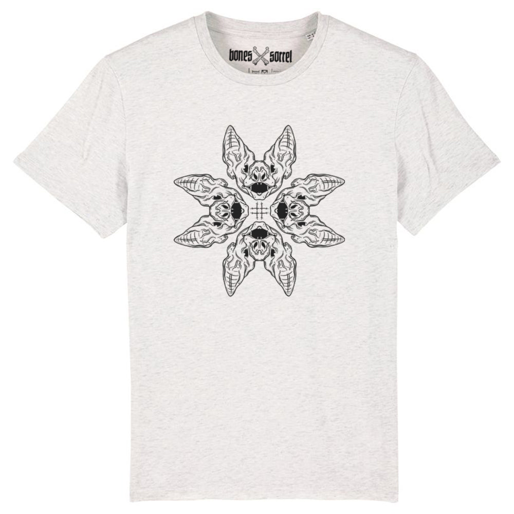 Cream Heather grey organic cotton alternative short sleeve unisex t-shirt, with a black print of four bat heads on the front