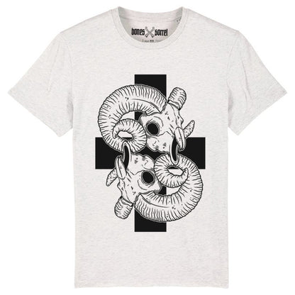 Cream heather grey organic cotton alternative short sleeve unisex t-shirt, with a black print of two ram skulls on a background of a cross on the front