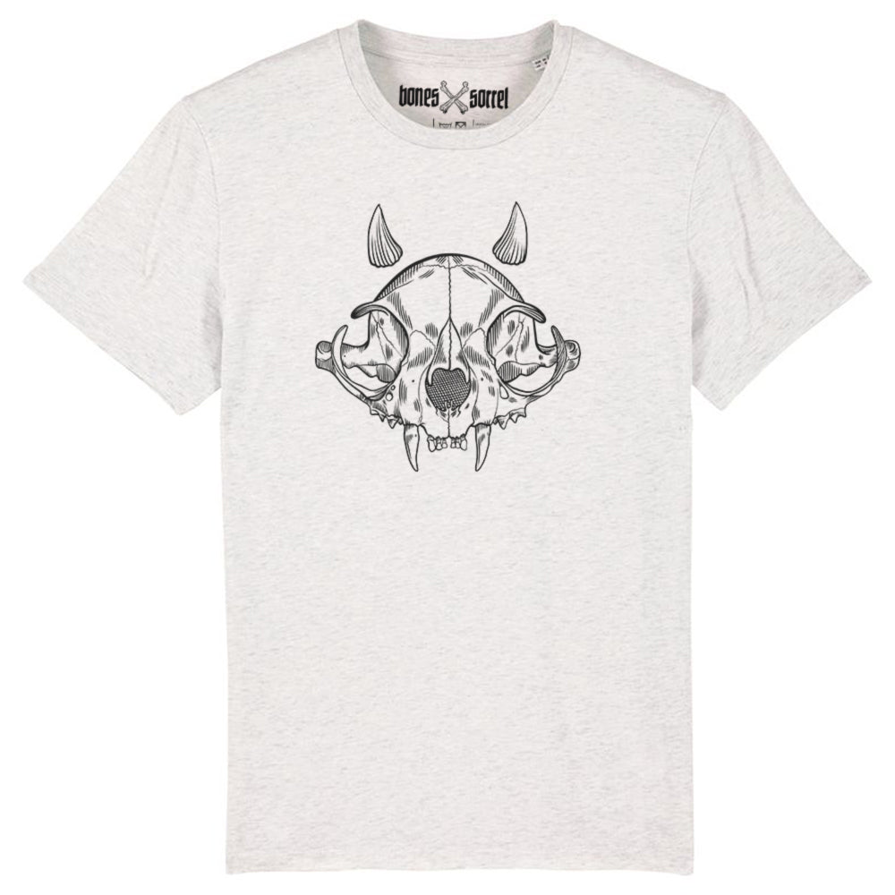 Cream heather grey organic cotton alternative short sleeve unisex t-shirt, with a black print of a cat skull with little horns on the front 