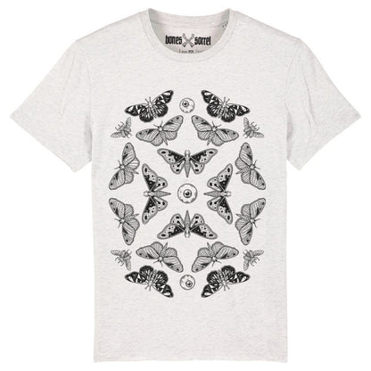 Cream Heather grey organic cotton alternative short sleeve unisex t-shirt, with a black print of moths, beetles and eyeballs on the front