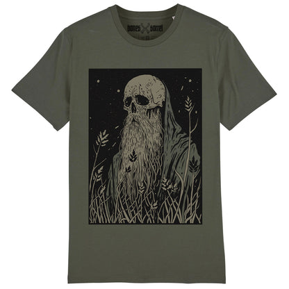 Khaki T-shirt Obscura Umbra with a colour print by Bones & Sorrel