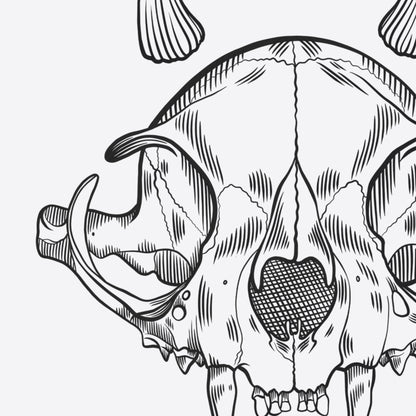 Close up to a fragment of a black print of Felis Mortum - cat skull with little horns