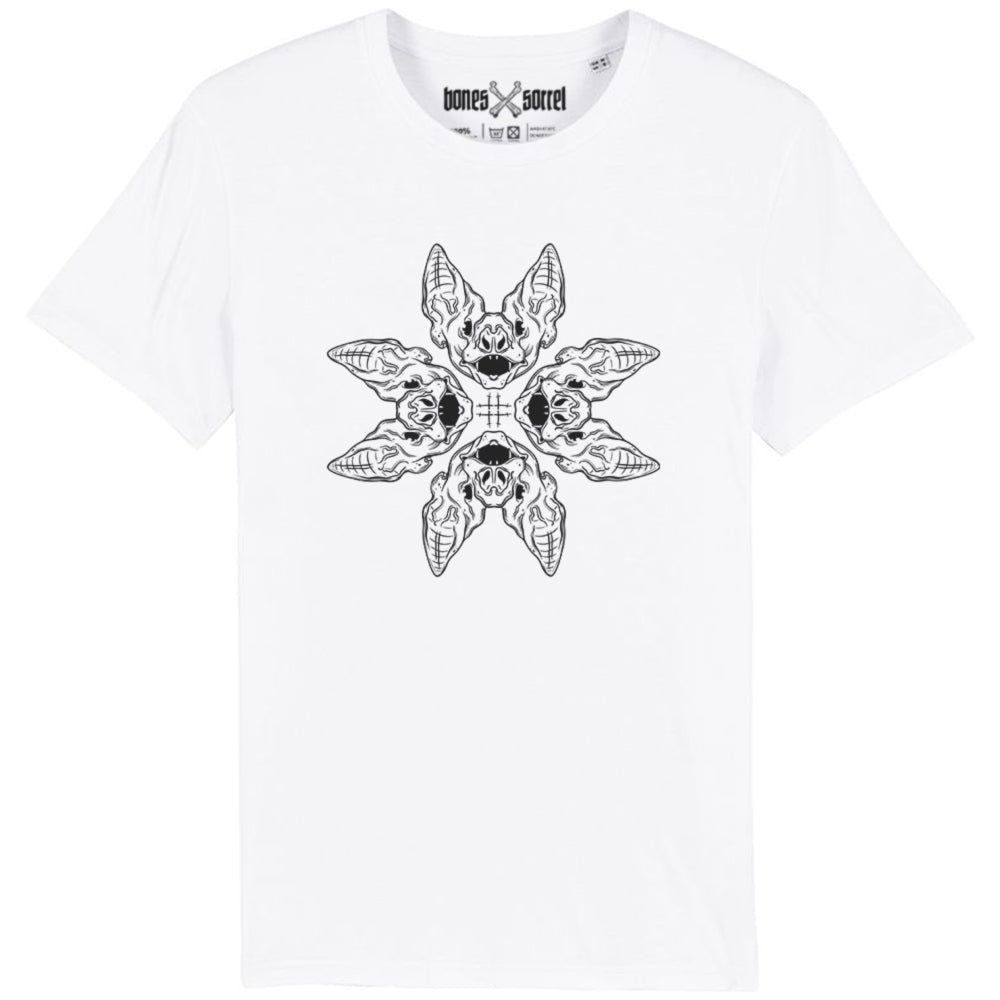 White organic cotton alternative short sleeve unisex t-shirt, with a black print of four bat heads on the front