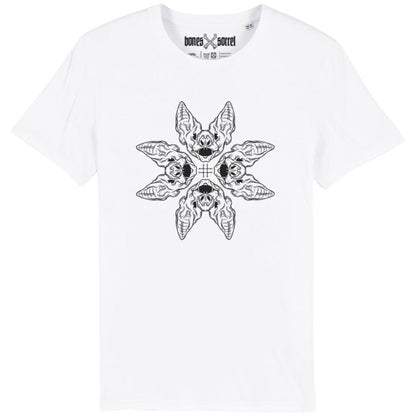 White organic cotton alternative short sleeve unisex t-shirt, with a black print of four bat heads on the front