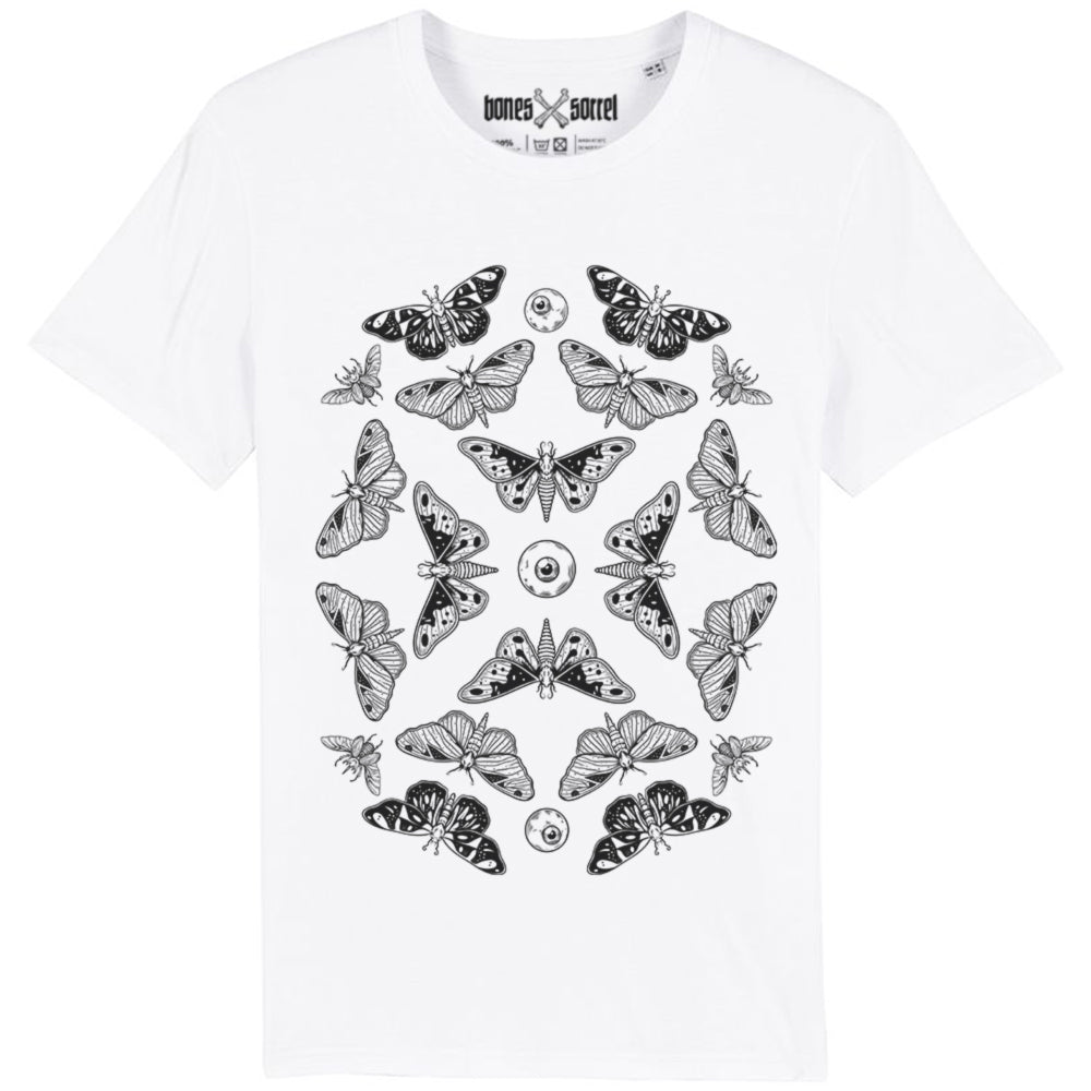 White organic cotton alternative short sleeve unisex t-shirt, with a black print of moths, beetles and eyeballs on the front