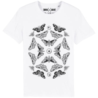 White organic cotton alternative short sleeve unisex t-shirt, with a black print of moths, beetles and eyeballs on the front