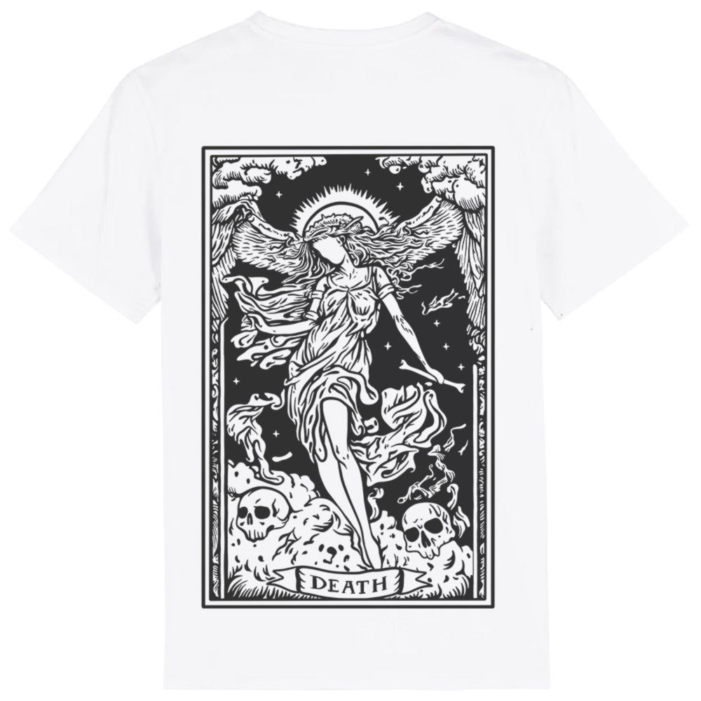 White organic cotton alternative short sleeve unisex t-shirt, with a black print of death tarot card on the back