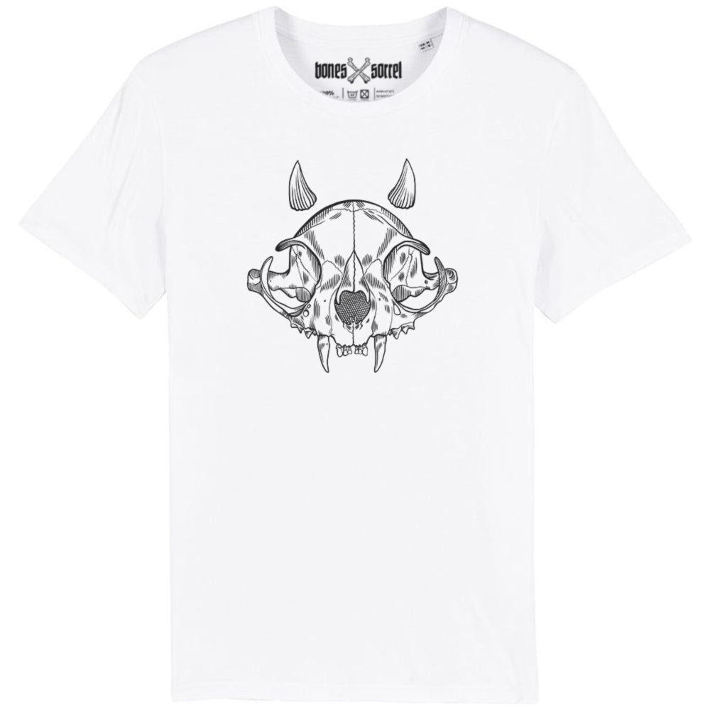 White organic cotton alternative short sleeve unisex t-shirt, with a black print of a cat skull with little horns on the front 