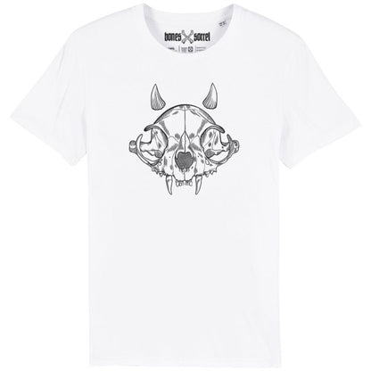 White organic cotton alternative short sleeve unisex t-shirt, with a black print of a cat skull with little horns on the front 