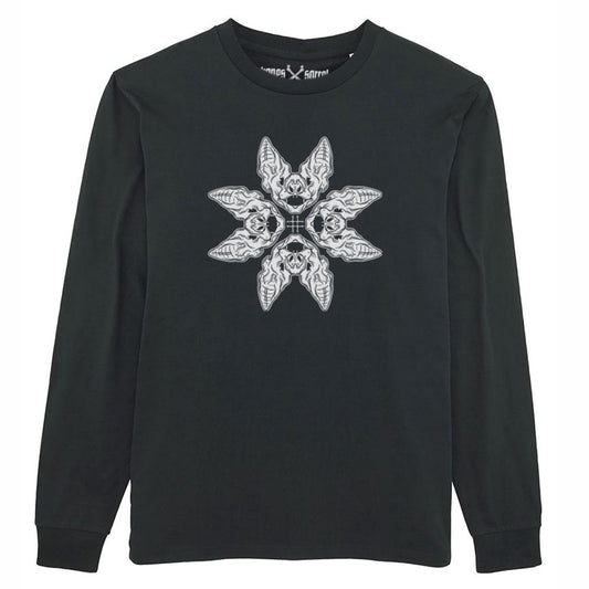 Black organic cotton alternative long sleeve unisex t-shirt, with a white print of four bat heads on the front