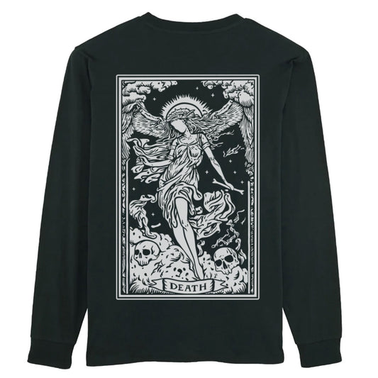 Black organic cotton alternative long sleeve unisex t-shirt, with a whote print of a death tarot card on the back