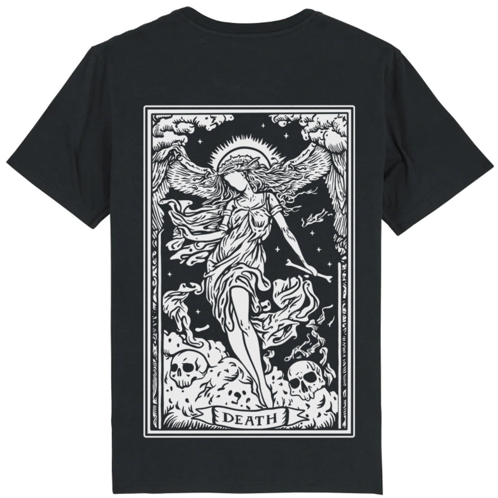 Black organic cotton alternative short sleeve unisex t-shirt, with a white print of death tarot card on the back