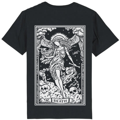 Black organic cotton alternative short sleeve unisex t-shirt, with a white print of death tarot card on the back