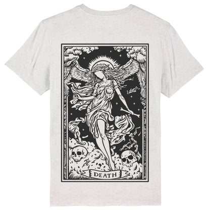 Cream heather grey organic cotton alternative short sleeve unisex t-shirt, with a black print of death tarot card on the back