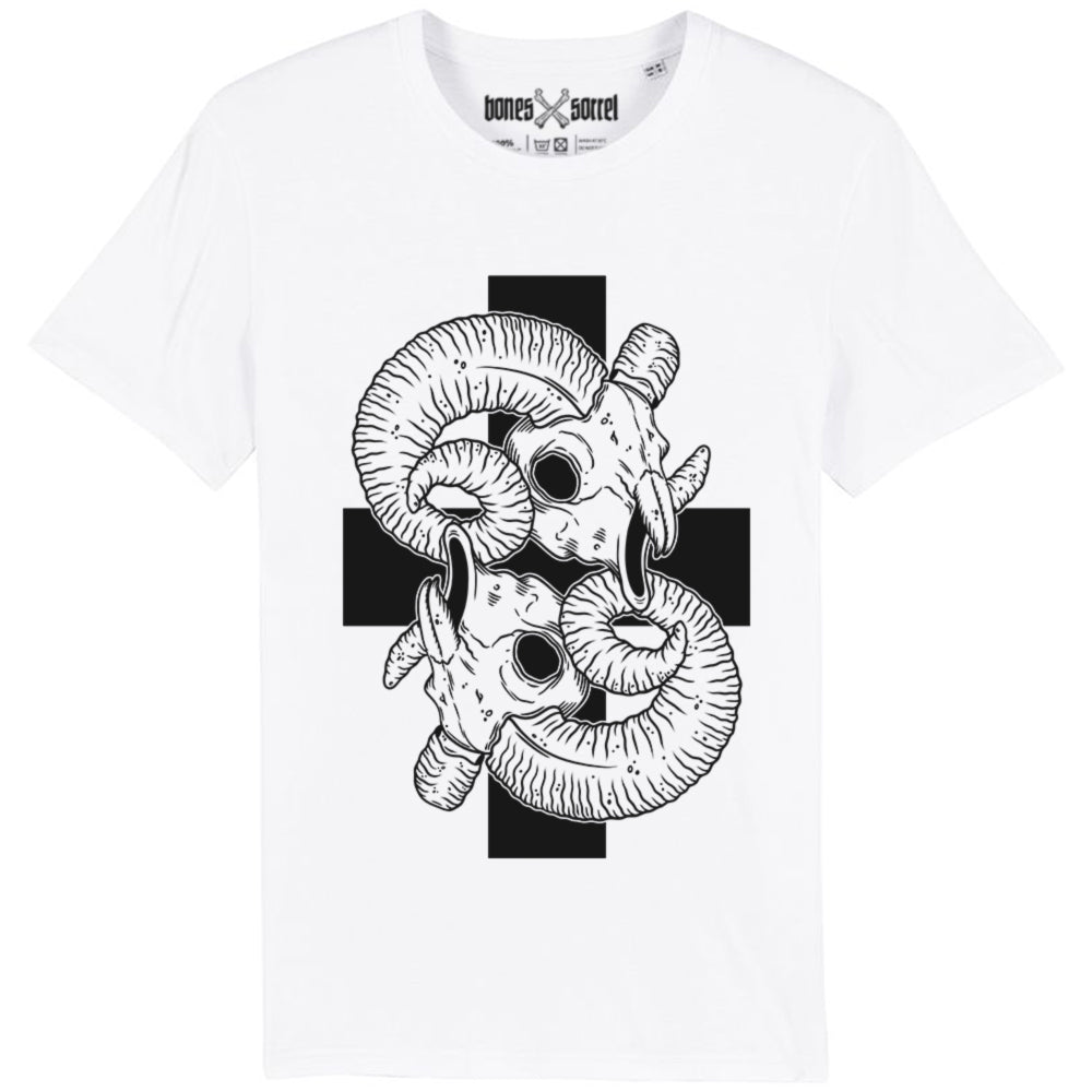 White organic cotton alternative short sleeve unisex t-shirt, with a black print of two ram skulls on a background of a cross on the front