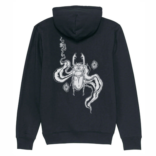 Black organic cotton alternative long sleeve unisex hoodie with a hood and a kangaroo pocket, with a white print of a beetle and eyes on it on the back