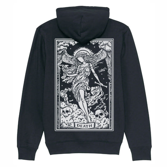 Black organic cotton alternative long sleeve unisex hoodie with a hood and a kangaroo pocket, with a white print of a death tarot card on the back