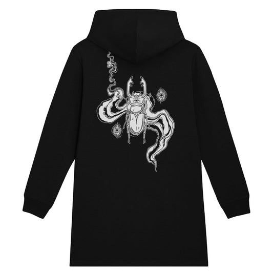 Black organic cotton alternative long sleeve unisex longline hoodie (hoodie dress), with a kangaroo pocket and a hood, with a white print of a beetle and eyes on the back