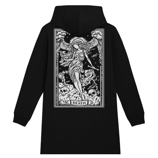 Black organic cotton alternative long sleeve unisex longline hoodie (hoodie dress), with a kangaroo pocket and a hood, with a white print of a death carot card on the back