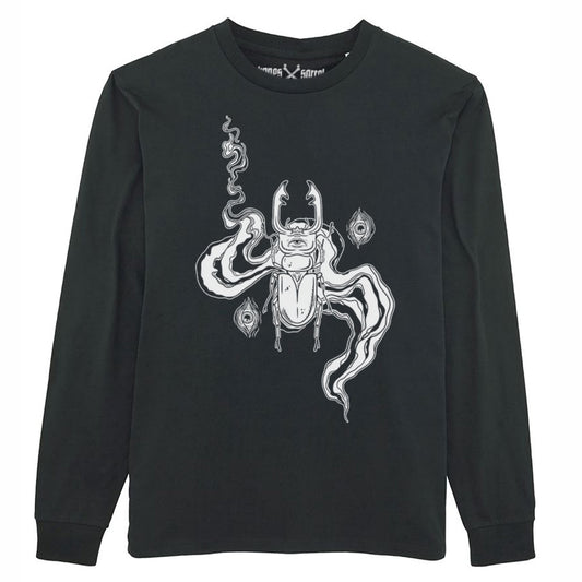 Black organic cotton alternative long sleeve unisex t-shirt, with a white print of a beetle and eyes on it