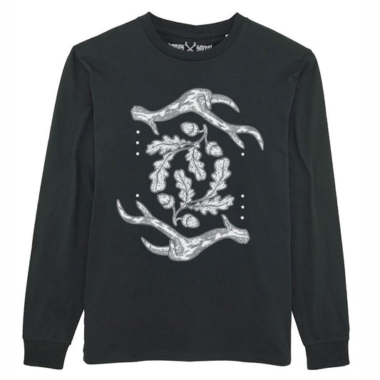 Black organic cotton alternative long sleeve unisex t-shirt, with a white print of deer antlers and oak branches on the front