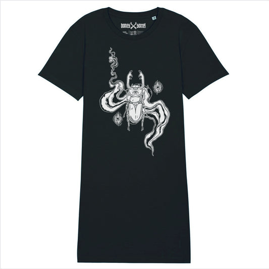 Black organic cotton alternative short sleeve unisex longline t-shirt (t-shirt dress), with a white print of a beetle and eyes on it