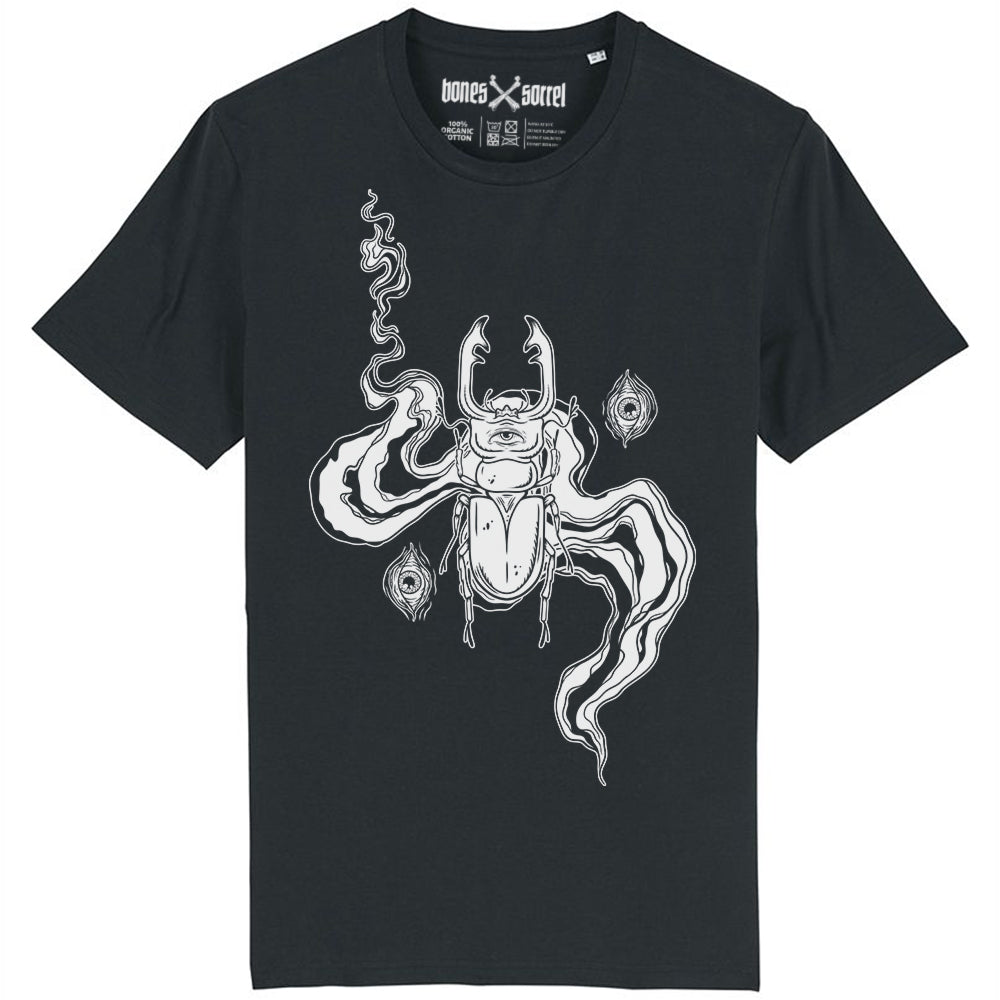 Black organic cotton alternative short sleeve unisex t-shirt, with a white print of a beetle and eyes on it