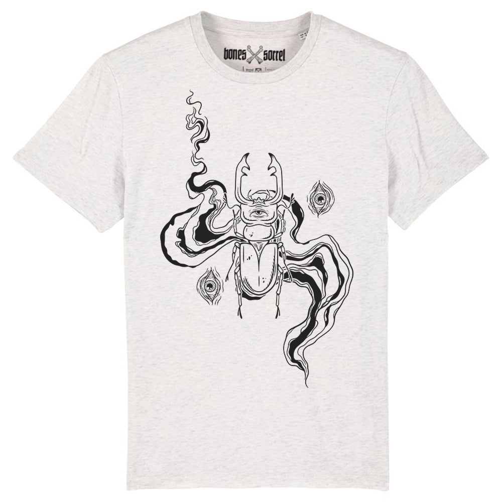 Cream heather grey organic cotton alternative short sleeve unisex t-shirt, with a black print of a beetle and eyes on the front