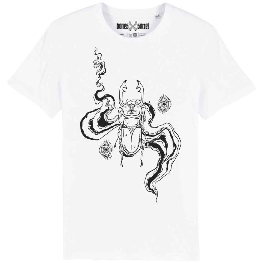 White organic cotton alternative short sleeve unisex t-shirt, with a black print of a beetle and eyes on the front 